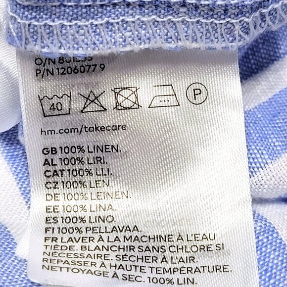 H&M Womens 100% Linen Button Down Top Size L Short Sleeve Blue Striped Coastal - Picture 10 of 11